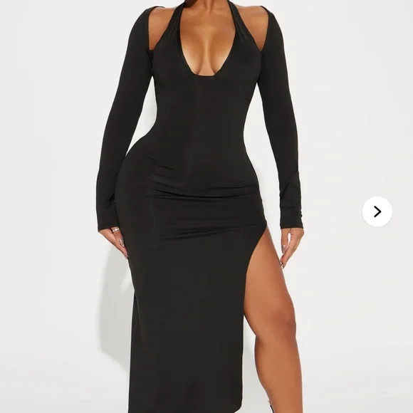 Fashion Nova | Dresses | Fn Deep V With Thigh Slit Elegant Black Long  Sleeve Dress